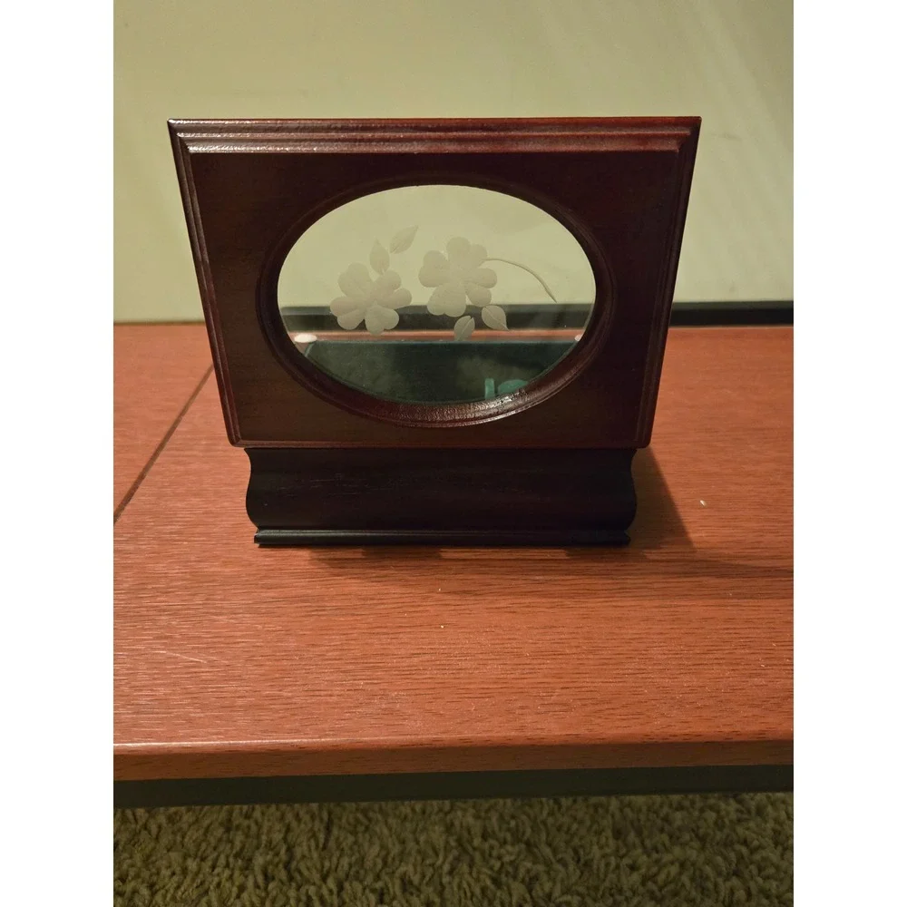 Vintage Cherry Wood Jewelry Box Etched Floral Glass Lid Green Velvet Lining